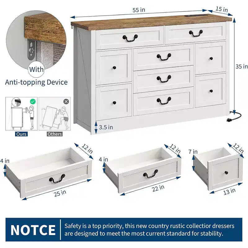 Farmhouse 9 Drawer Dresser with Charging Station, 55 Wide Wood Dresser, Vintage Dressers TV Stand