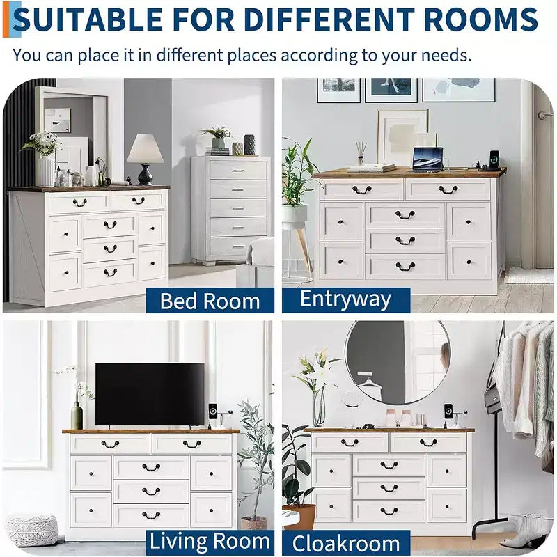 Farmhouse 9 Drawer Dresser with Charging Station, 55 Wide Wood Dresser, Vintage Dressers TV Stand
