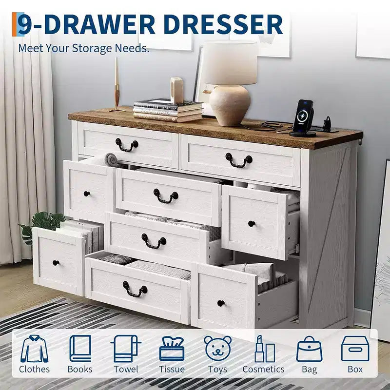 Farmhouse 9 Drawer Dresser with Charging Station, 55 Wide Wood Dresser, Vintage Dressers TV Stand