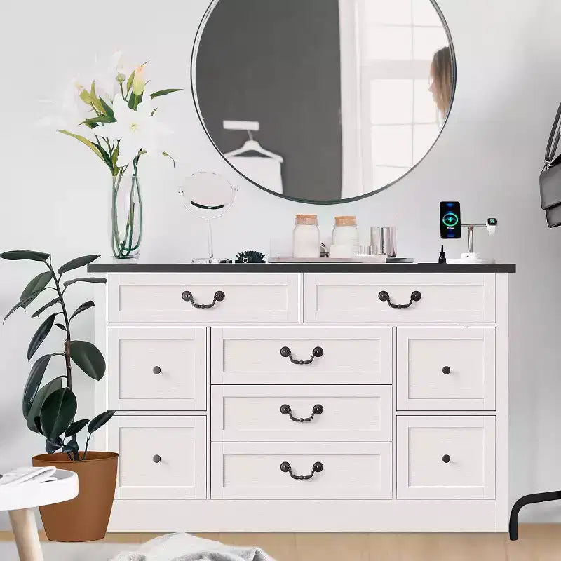 Farmhouse 9 Drawer Dresser with Charging Station, 55 Wide Wood Dresser, Vintage Dressers TV Stand