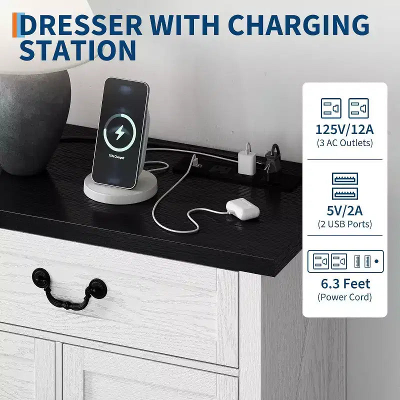 Farmhouse 9 Drawer Dresser with Charging Station, 55 Wide Wood Dresser, Vintage Dressers TV Stand