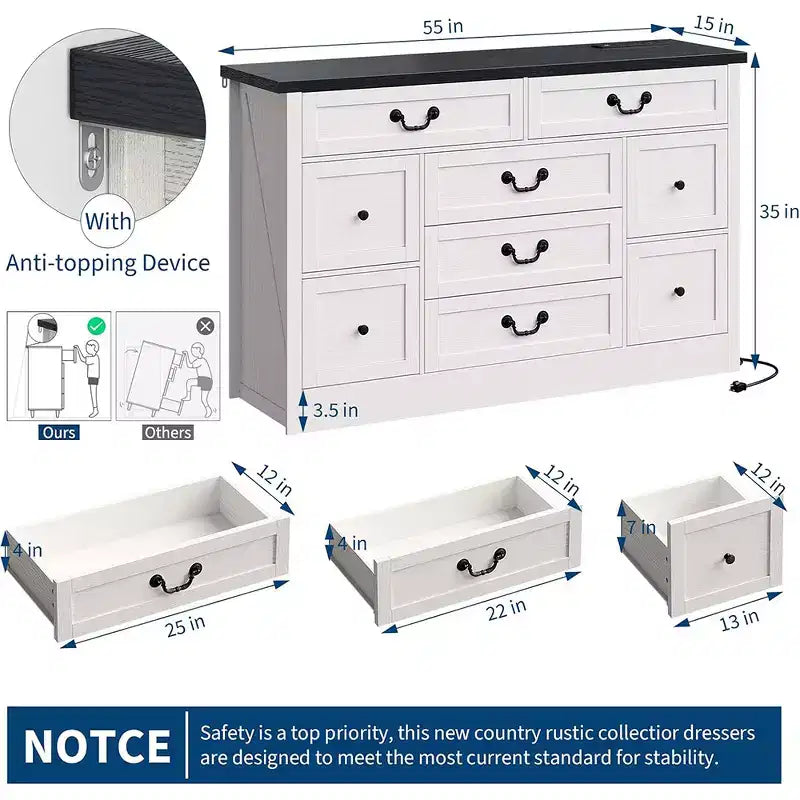 Farmhouse 9 Drawer Dresser with Charging Station, 55 Wide Wood Dresser, Vintage Dressers TV Stand