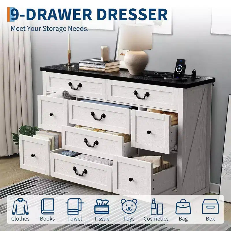 Farmhouse 9 Drawer Dresser with Charging Station, 55 Wide Wood Dresser, Vintage Dressers TV Stand