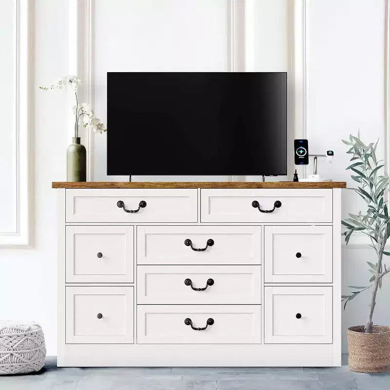 Farmhouse 9 Drawer Dresser with Charging Station, 55 Wide Wood Dresser, Vintage Dressers TV Stand