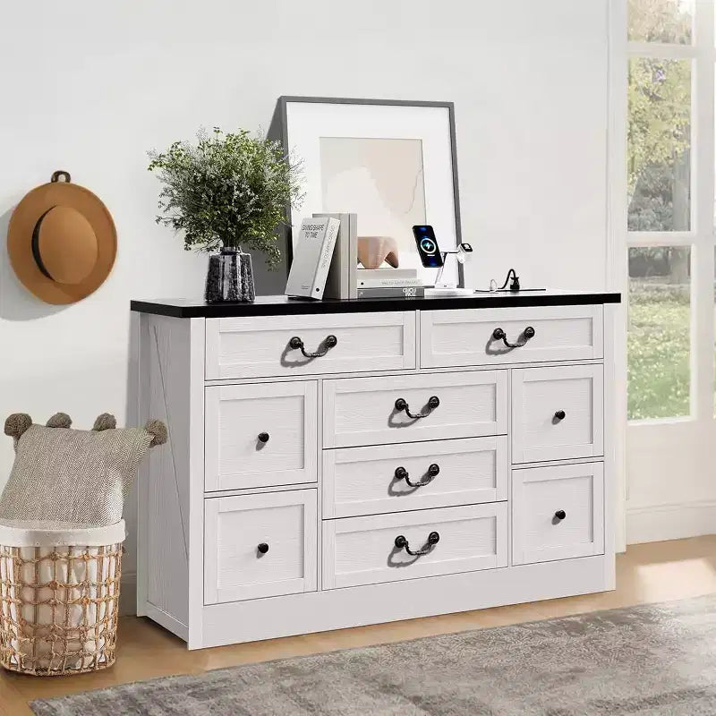 Farmhouse 9 Drawer Dresser with Charging Station, 55 Wide Wood Dresser, Vintage Dressers TV Stand