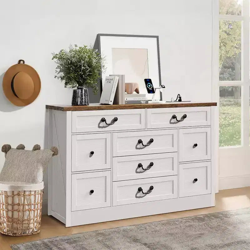 Farmhouse 9 Drawer Dresser with Charging Station, 55 Wide Wood Dresser, Vintage Dressers TV Stand