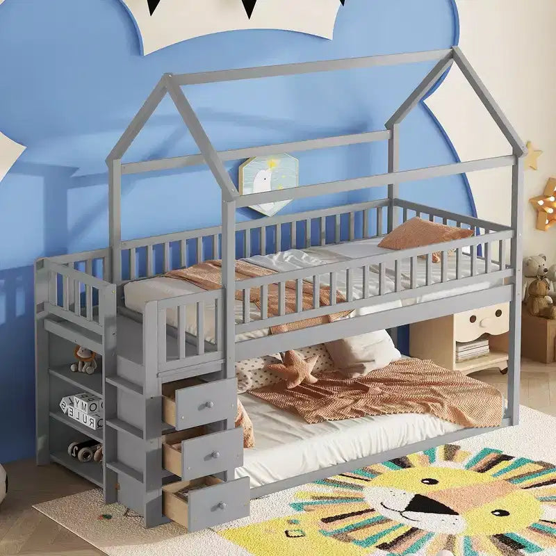 Twin Over Twin Wood House Bunk Bed with Slide & Safety Guardrail Loft Bunk Bed with Ladder for Kids Teens, Easy Assemble