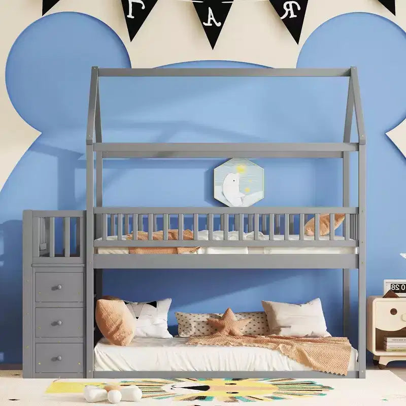 Twin Over Twin Wood House Bunk Bed with Slide & Safety Guardrail Loft Bunk Bed with Ladder for Kids Teens, Easy Assemble