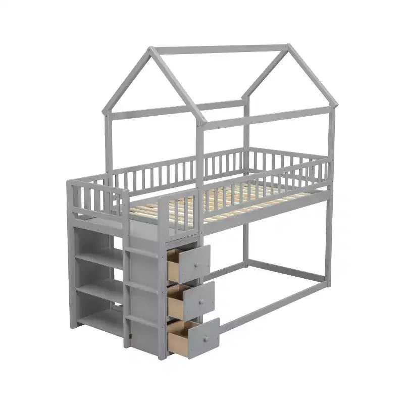 Twin Over Twin Wood House Bunk Bed with Slide & Safety Guardrail Loft Bunk Bed with Ladder for Kids Teens, Easy Assemble