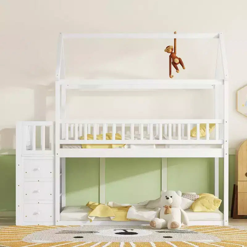 Twin Over Twin Wood House Bunk Bed with Slide & Safety Guardrail Loft Bunk Bed with Ladder for Kids Teens, Easy Assemble