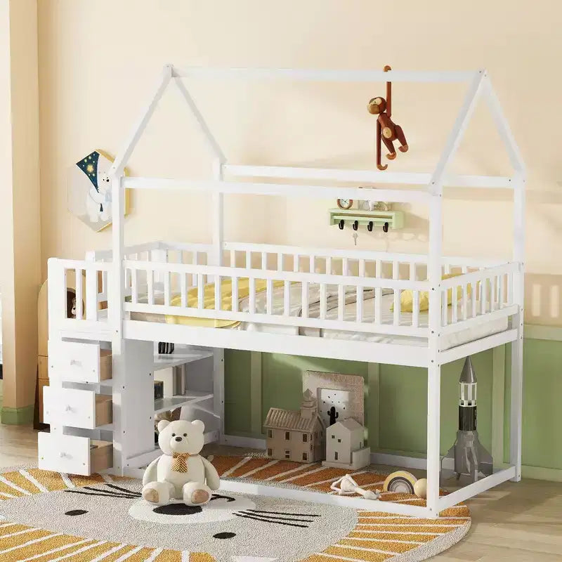 Twin Over Twin Wood House Bunk Bed with Slide & Safety Guardrail Loft Bunk Bed with Ladder for Kids Teens, Easy Assemble