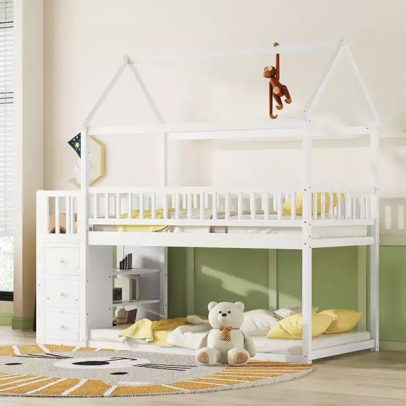 Twin Over Twin Wood House Bunk Bed with Slide & Safety Guardrail Loft Bunk Bed with Ladder for Kids Teens, Easy Assemble