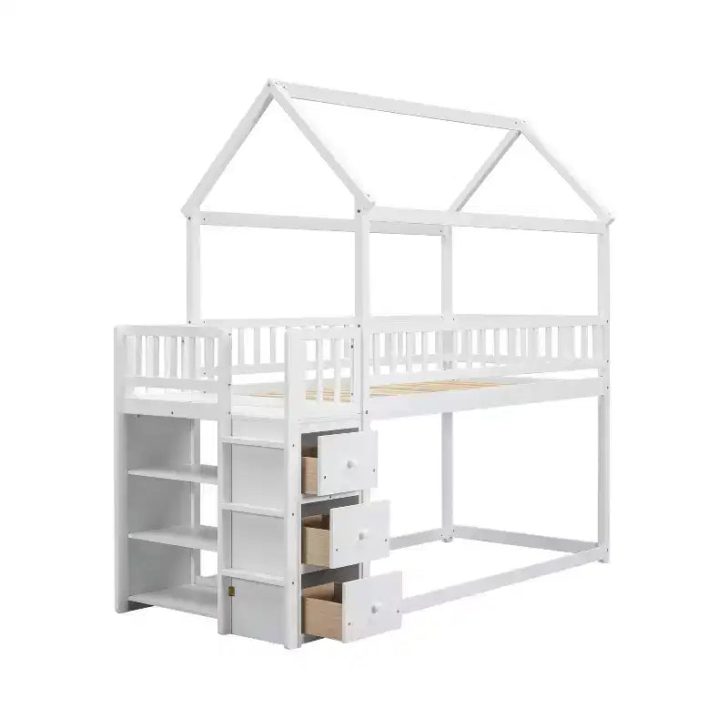 Twin Over Twin Wood House Bunk Bed with Slide & Safety Guardrail Loft Bunk Bed with Ladder for Kids Teens, Easy Assemble