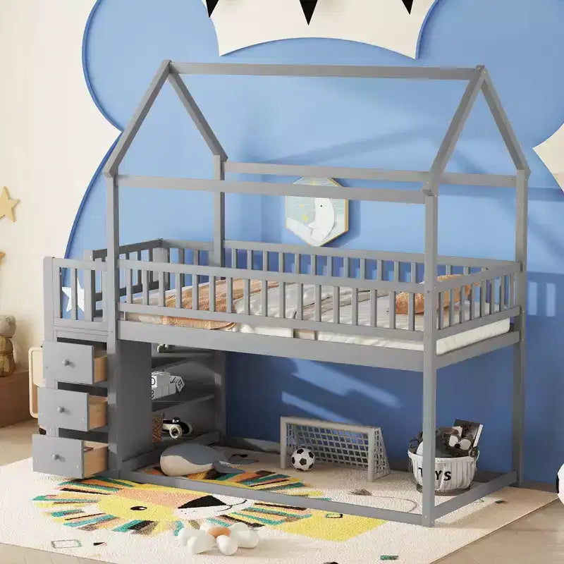 Okak Twin Over Twin Wood House Bunk Bed with Slide & Safety Guardrail Loft Bunk Bed with Ladder for Kids Teens, Easy Assemble