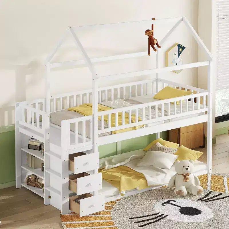 Twin Over Twin Wood House Bunk Bed with Slide & Safety Guardrail Loft Bunk Bed with Ladder for Kids Teens, Easy Assemble
