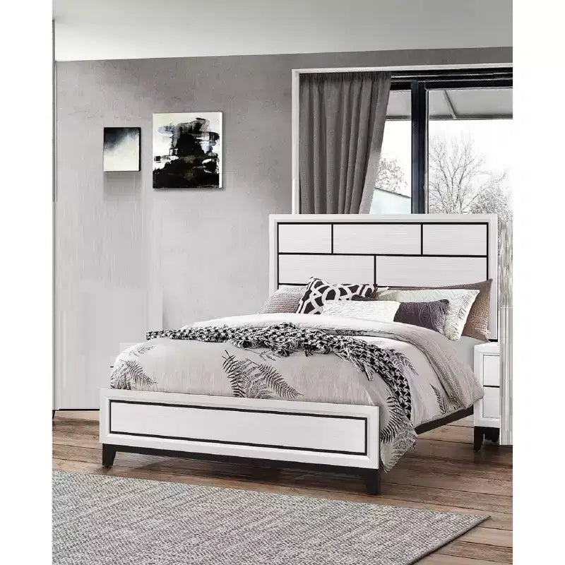 Okak Twin/Full/Queen Cotemporary Platform Bed Frame Panel Low-profile Bed with Geometric Design Headboard Strong Wood Slats Easy to Assemble