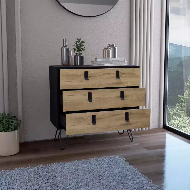 Modern Design 3-Drawer Bedroom Dressers with Metal Hairpin Legs, Wooden Storage Cabinet,Chest of Drawers for Bedroom,Entryway