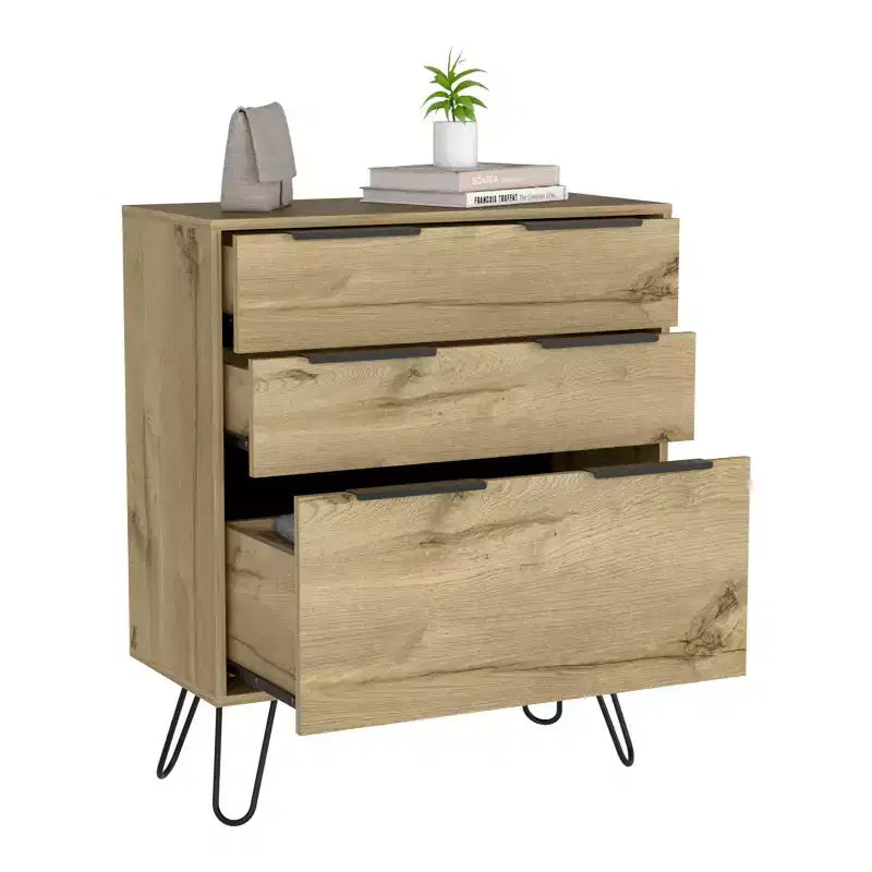 Modern Design 3-Drawer Bedroom Dressers with Metal Hairpin Legs, Wooden Storage Cabinet,Chest of Drawers for Bedroom,Entryway