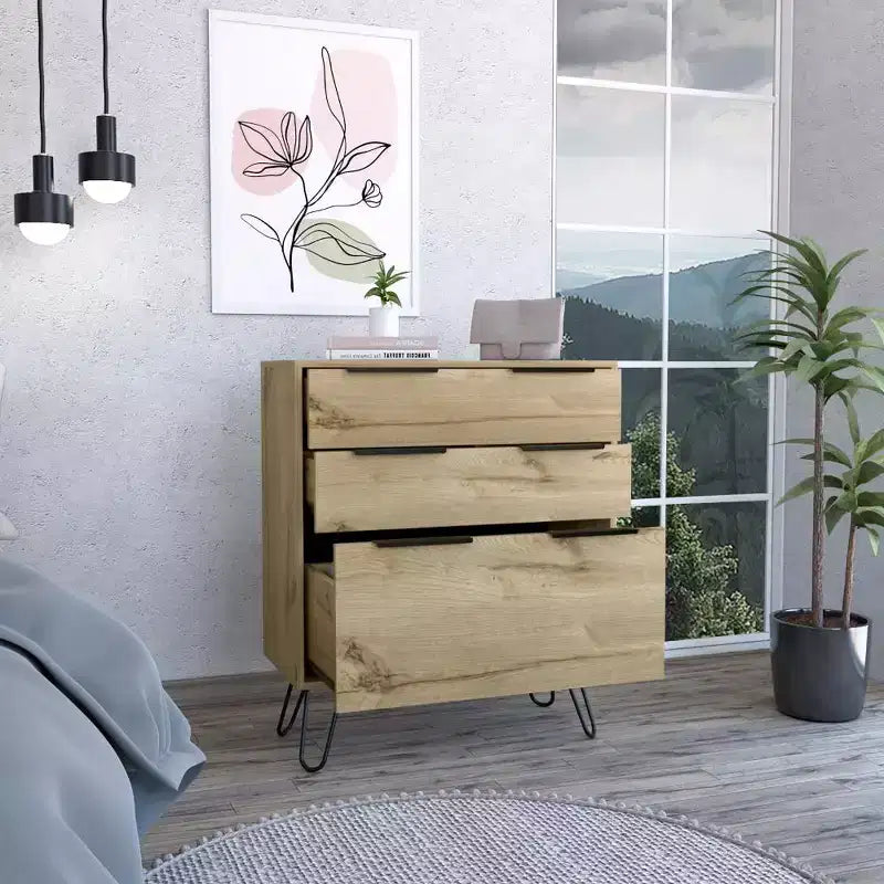 Modern Design 3-Drawer Bedroom Dressers with Metal Hairpin Legs, Wooden Storage Cabinet,Chest of Drawers for Bedroom,Entryway