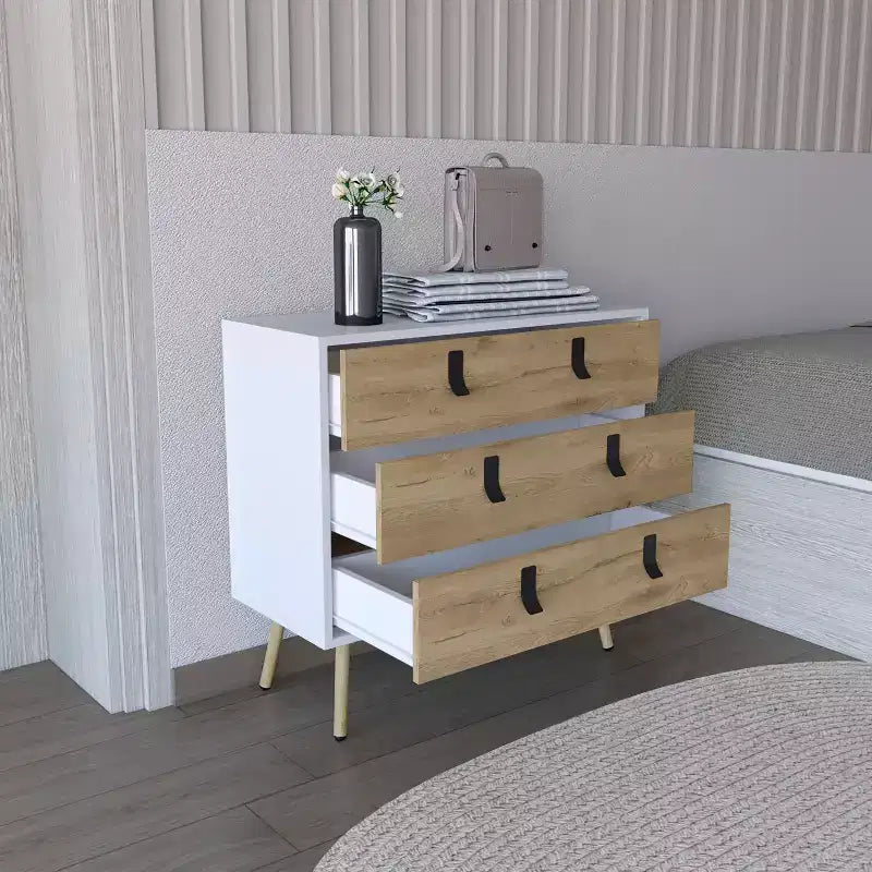 Modern Design 3-Drawer Bedroom Dressers with Metal Hairpin Legs, Wooden Storage Cabinet,Chest of Drawers for Bedroom,Entryway