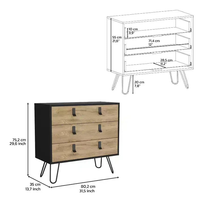 Modern Design 3-Drawer Bedroom Dressers with Metal Hairpin Legs, Wooden Storage Cabinet,Chest of Drawers for Bedroom,Entryway