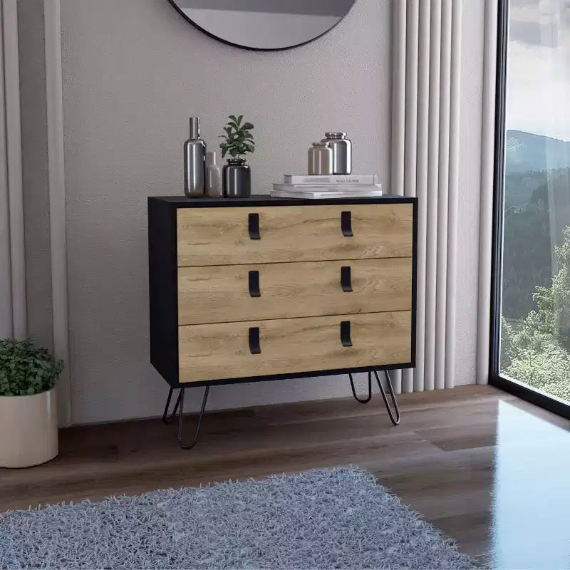 Okak Modern Design 3-Drawer Bedroom Dressers with Metal Hairpin Legs, Wooden Storage Cabinet,Chest of Drawers for Bedroom,Entryway