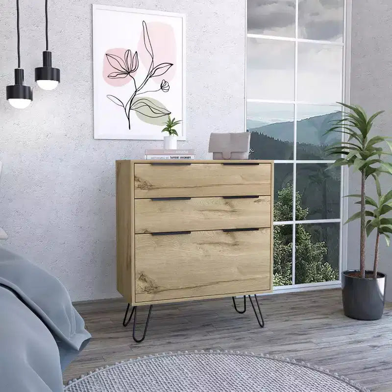 Modern Design 3-Drawer Bedroom Dressers with Metal Hairpin Legs, Wooden Storage Cabinet,Chest of Drawers for Bedroom,Entryway