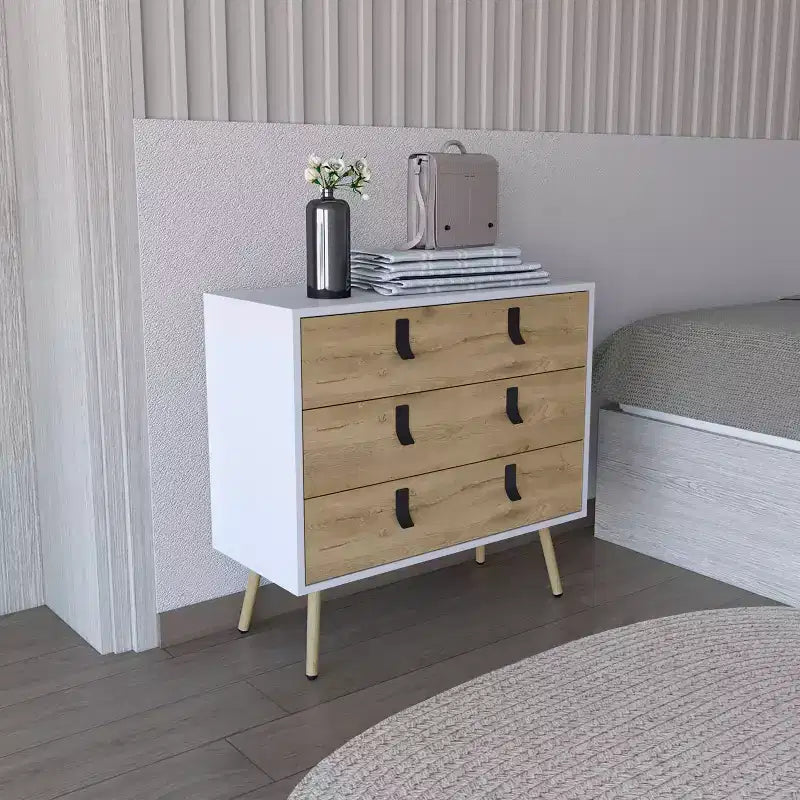 Modern Design 3-Drawer Bedroom Dressers with Metal Hairpin Legs, Wooden Storage Cabinet,Chest of Drawers for Bedroom,Entryway