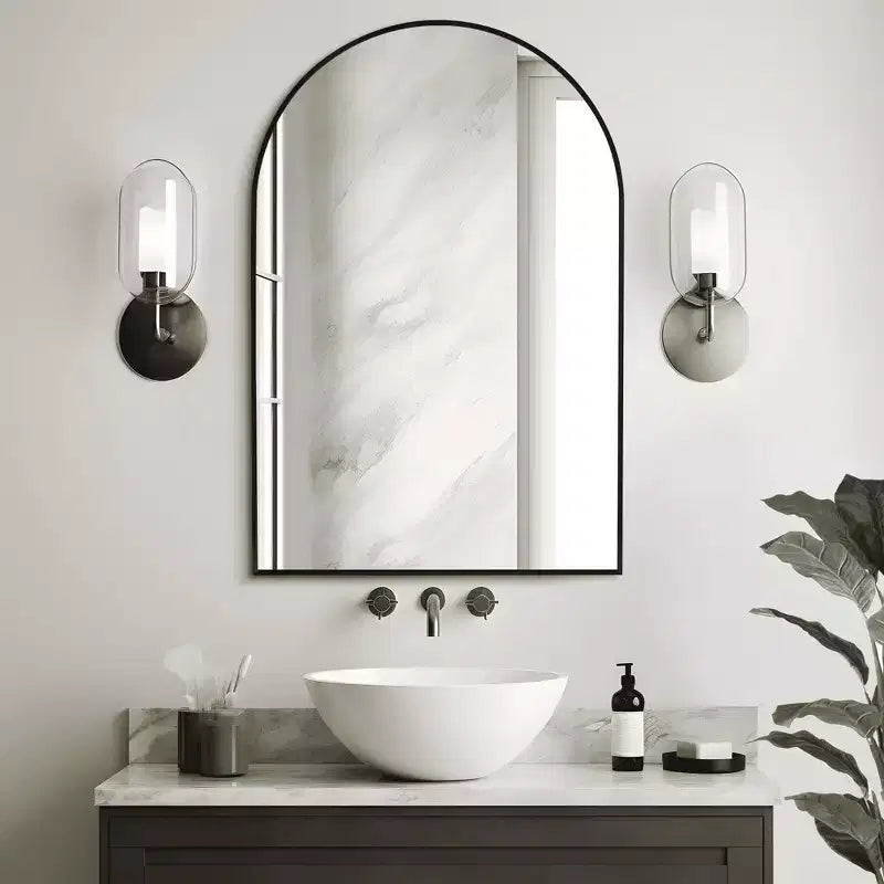 MAYEERTY 36x24 Black Arched Wall Mirror, Slim Aluminum Frame Right Angle Decorative Hanging Mirror for Bathroom & Entryway