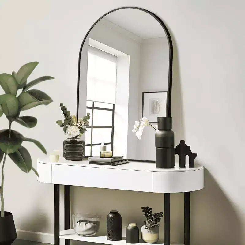 36x24 Black Arched Wall Mirror, Slim Aluminum Frame Right Angle Decorative Hanging Mirror for Bathroom & Entryway