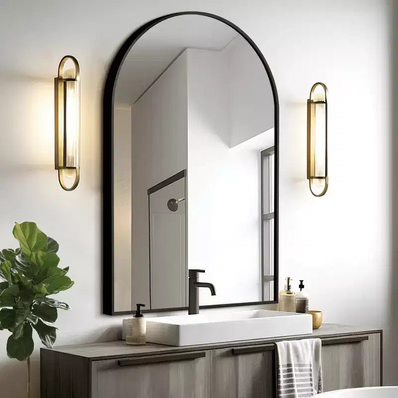 36x24 Black Arched Wall Mirror, Slim Aluminum Frame Right Angle Decorative Hanging Mirror for Bathroom & Entryway