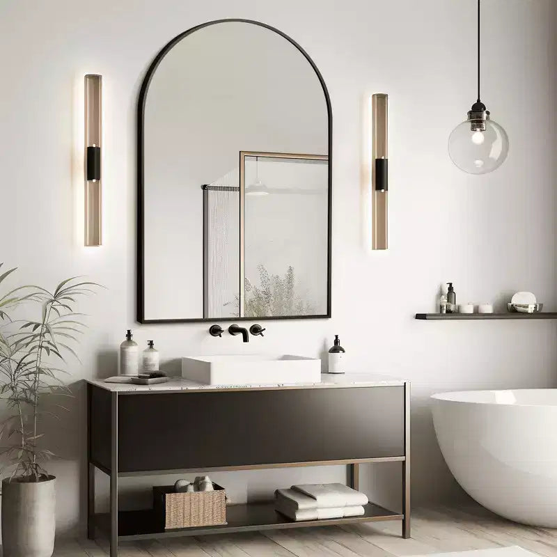 36x24 Black Arched Wall Mirror, Slim Aluminum Frame Right Angle Decorative Hanging Mirror for Bathroom & Entryway