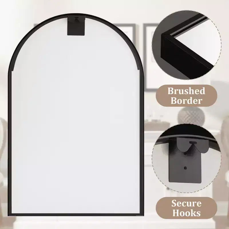36x24 Black Arched Wall Mirror, Slim Aluminum Frame Right Angle Decorative Hanging Mirror for Bathroom & Entryway