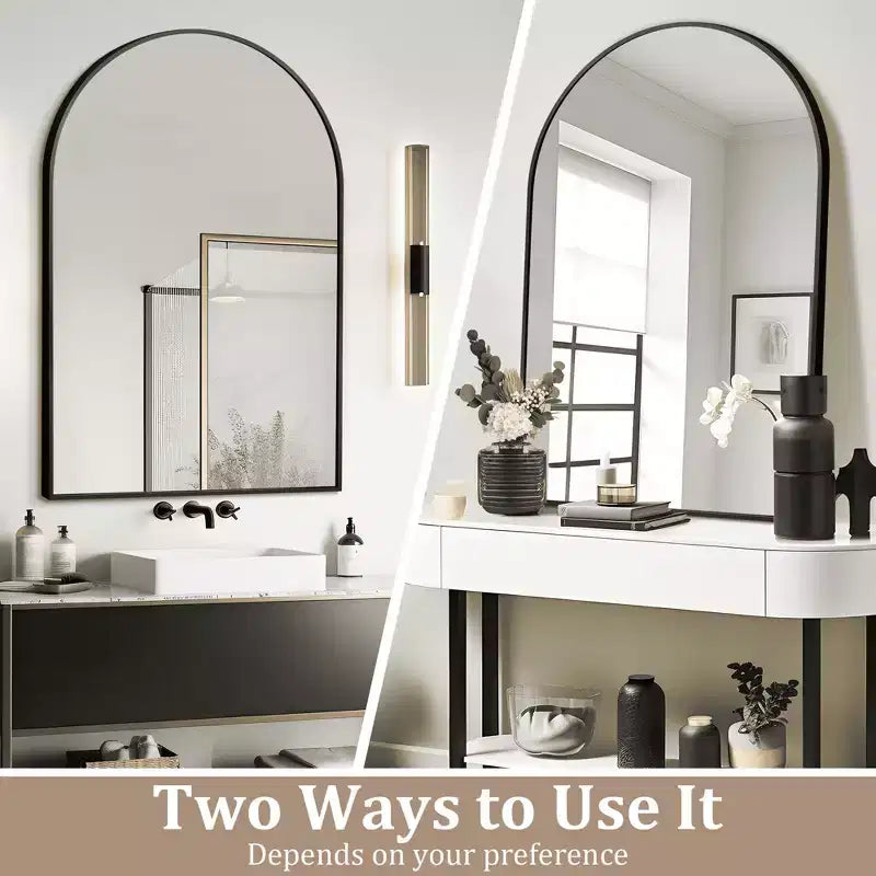 36x24 Black Arched Wall Mirror, Slim Aluminum Frame Right Angle Decorative Hanging Mirror for Bathroom & Entryway