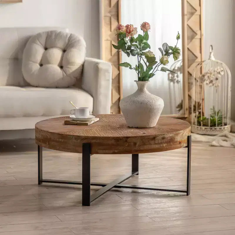 Okak Round Coffee Table with Wood Top and Black/Gold Cross Metal Legs Retro Accent for Living Room