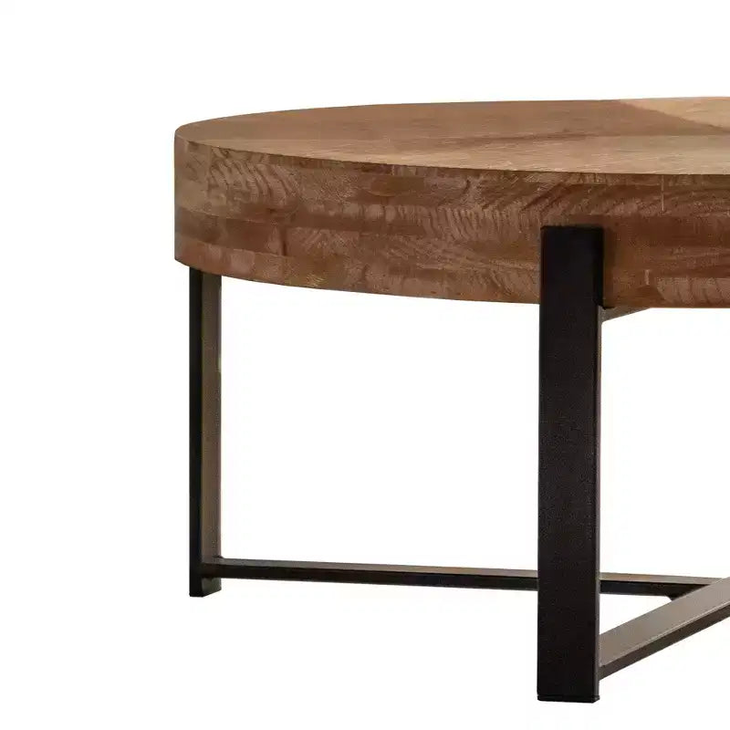 Round Coffee Table with Wood Top and Black/Gold Cross Metal Legs Retro Accent for Living Room