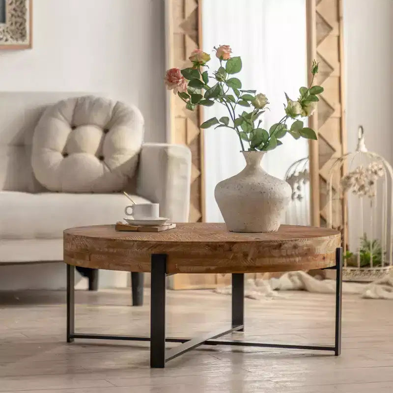 Round Coffee Table with Wood Top and Black/Gold Cross Metal Legs Retro Accent for Living Room