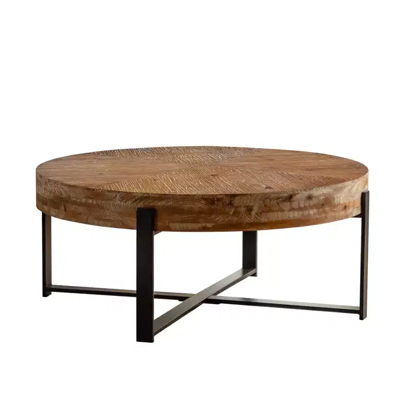 Round Coffee Table with Wood Top and Black/Gold Cross Metal Legs Retro Accent for Living Room