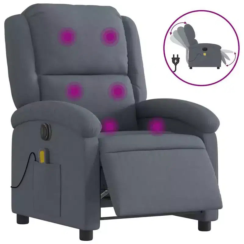 vidaXL Electric Massage Recliner Chair - Dark Gray Velvet, Automatic Adjustable Footrest/Backrest, Vibrating 6-Point Massage, Side Pocket
