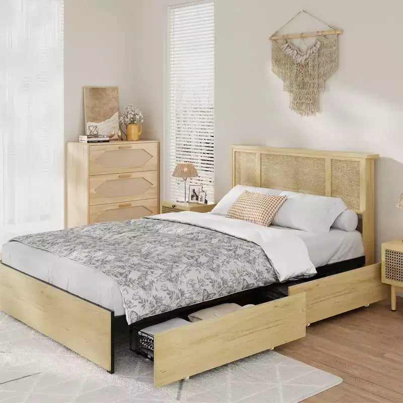 Bed Frame with Natural Rattan Headboard, Queen Size, 4 Storage Drawers, Wooden Slats, Boho-Style Cane Support, Metal Base