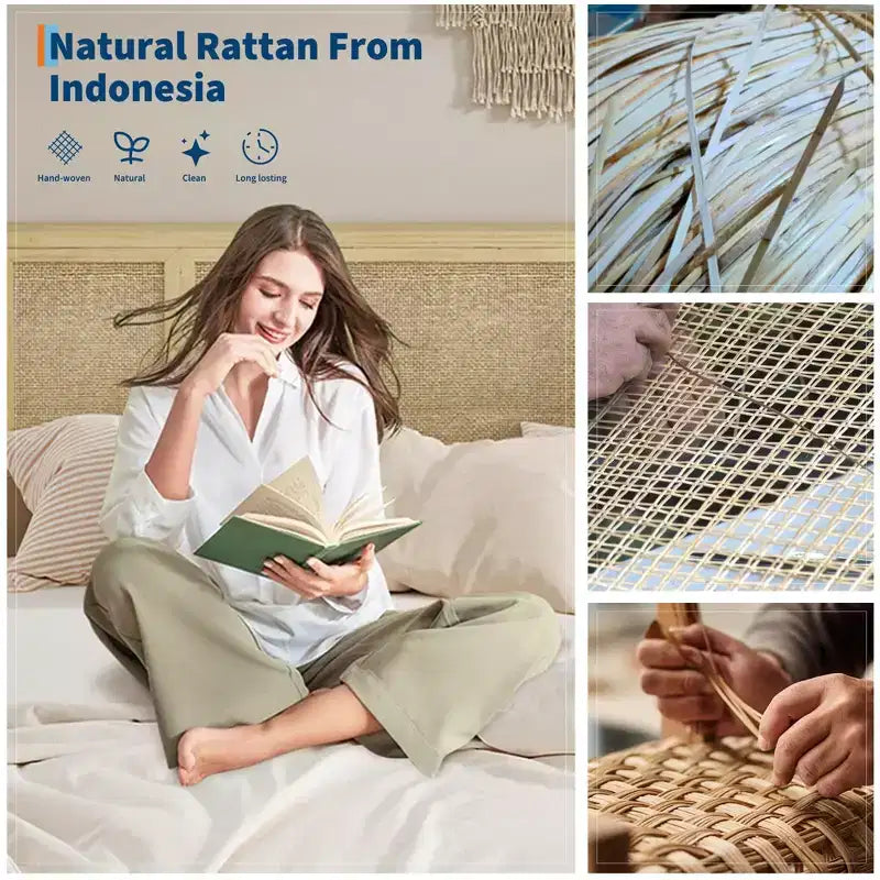 Bed Frame with Natural Rattan Headboard, Queen Size, 4 Storage Drawers, Wooden Slats, Boho-Style Cane Support, Metal Base