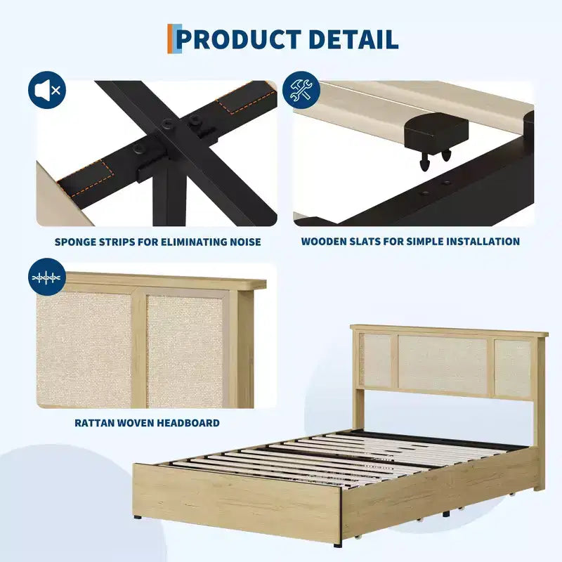 Bed Frame with Natural Rattan Headboard, Queen Size, 4 Storage Drawers, Wooden Slats, Boho-Style Cane Support, Metal Base