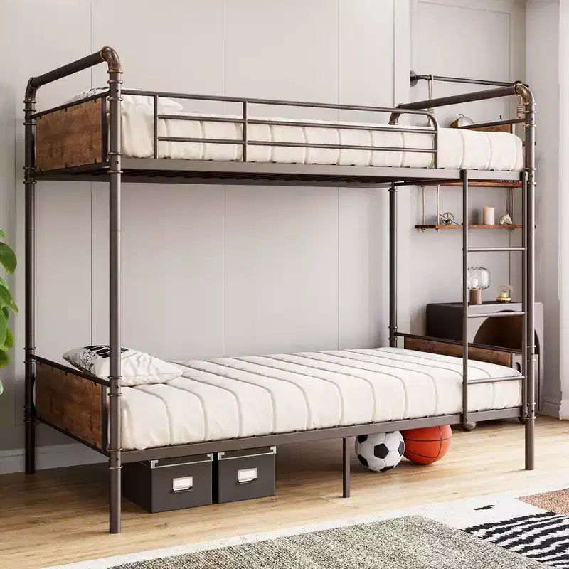 Metal Bunk Bed Twin Over Twin, Heavy Duty Twin Size Metal Bunk Bed with Guardrail & Ladders, Convertible Twin Bunk Beds, No Box Spring Needed, Brown