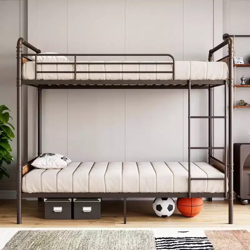 Metal Bunk Bed Twin Over Twin, Heavy Duty Twin Size Metal Bunk Bed with Guardrail & Ladders, Convertible Twin Bunk Beds, No Box Spring Needed, Brown