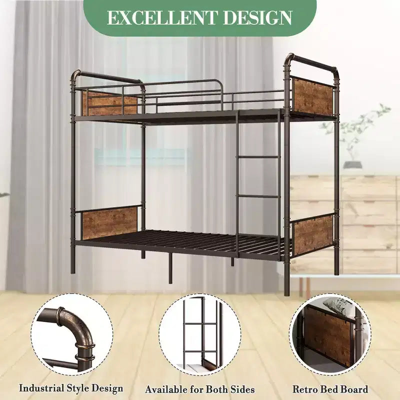 Metal Bunk Bed Twin Over Twin, Heavy Duty Twin Size Metal Bunk Bed with Guardrail & Ladders, Convertible Twin Bunk Beds, No Box Spring Needed, Brown