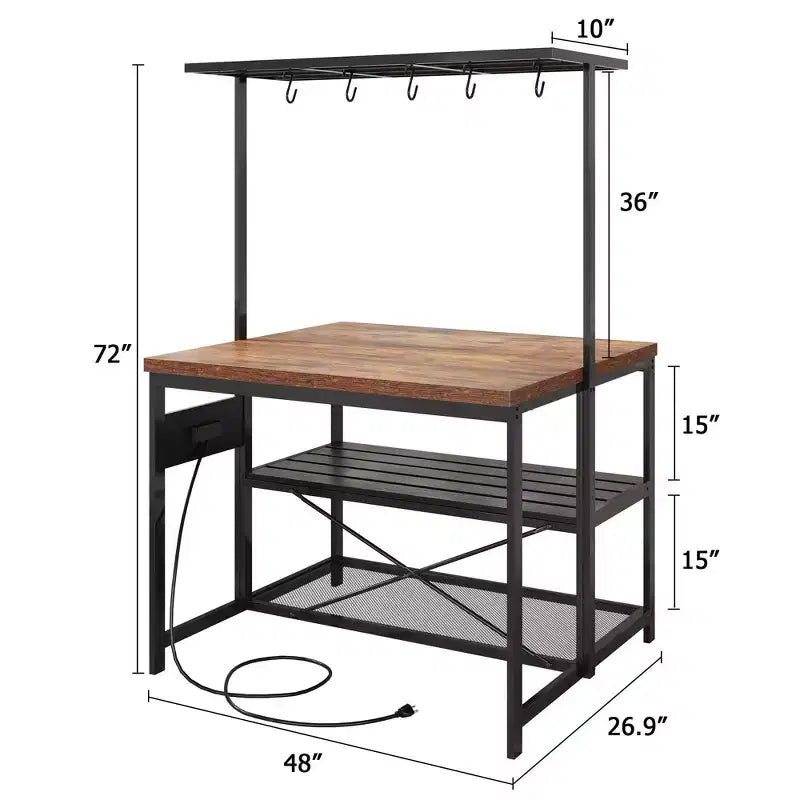 Kitchen Island with Storage, Bakers Rack, Island Table for Kitchen,3 Tier Microwave Stand Oven Shelf,Large Coffee Bar Table, Storage Shelf, 5 Hooks