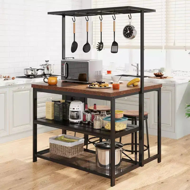 Kitchen Island with Storage, Bakers Rack, Island Table for Kitchen,3 Tier Microwave Stand Oven Shelf,Large Coffee Bar Table, Storage Shelf, 5 Hooks