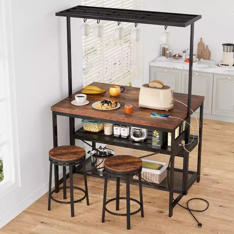 Kitchen Island with Storage, Bakers Rack, Island Table for Kitchen,3 Tier Microwave Stand Oven Shelf,Large Coffee Bar Table, Storage Shelf, 5 Hooks