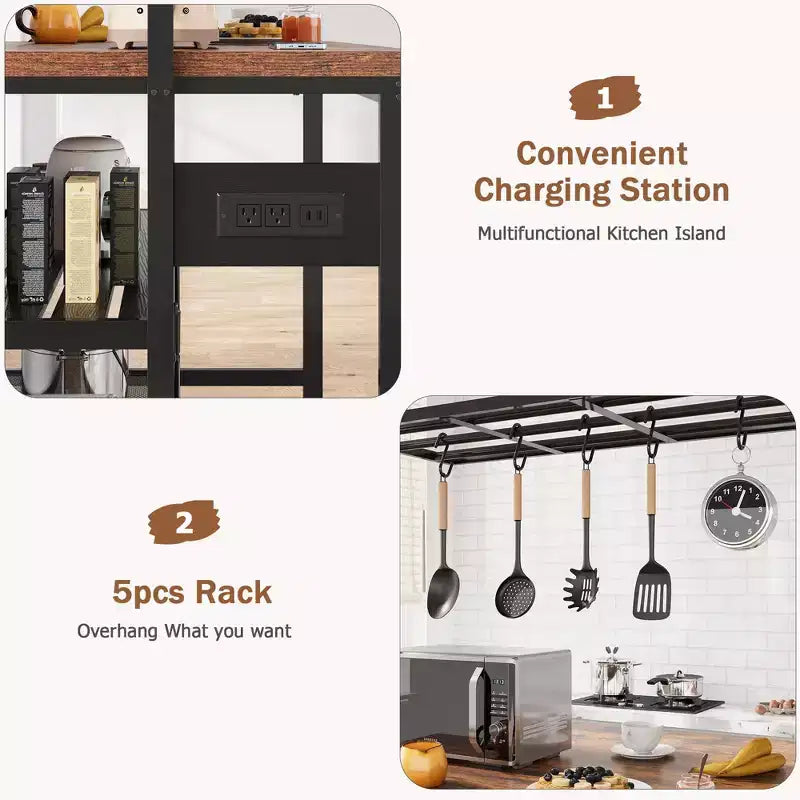 Kitchen Island with Storage, Bakers Rack, Island Table for Kitchen,3 Tier Microwave Stand Oven Shelf,Large Coffee Bar Table, Storage Shelf, 5 Hooks