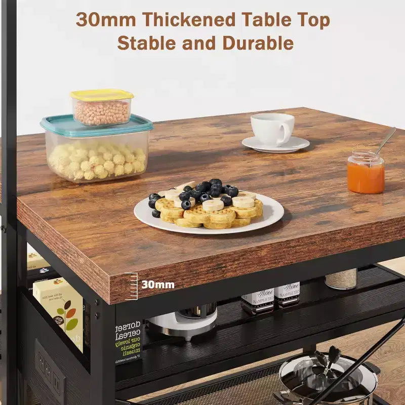 Kitchen Island with Storage, Bakers Rack, Island Table for Kitchen,3 Tier Microwave Stand Oven Shelf,Large Coffee Bar Table, Storage Shelf, 5 Hooks